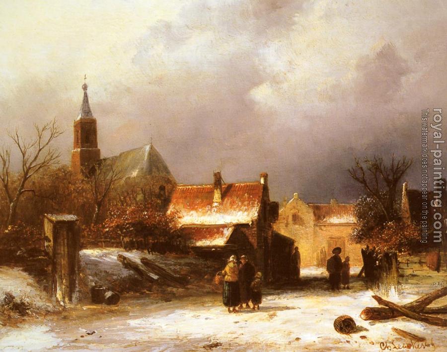 Charles Henri Joseph Leickert : Figures on a snow covered Path with a Dutch Town beyond